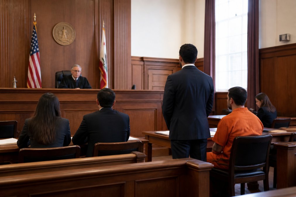 Interior of a California courtroom with judge's bench, attorney tables, and formal legal setting where probation violation hearings are conducted, with natural light from high windows