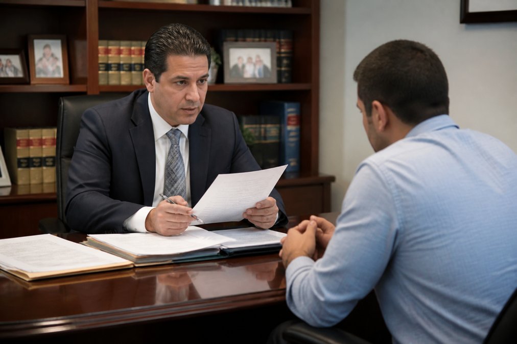 Criminal defense attorney meeting with client in law office consultation room, reviewing documents and discussing legal strategy with client seated across desk
