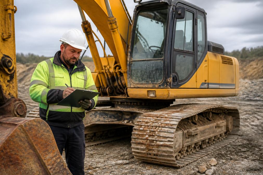Equipment operator reviewing maintenance records and inspection documentation on a clipboard next to a heavy excavator in daylight