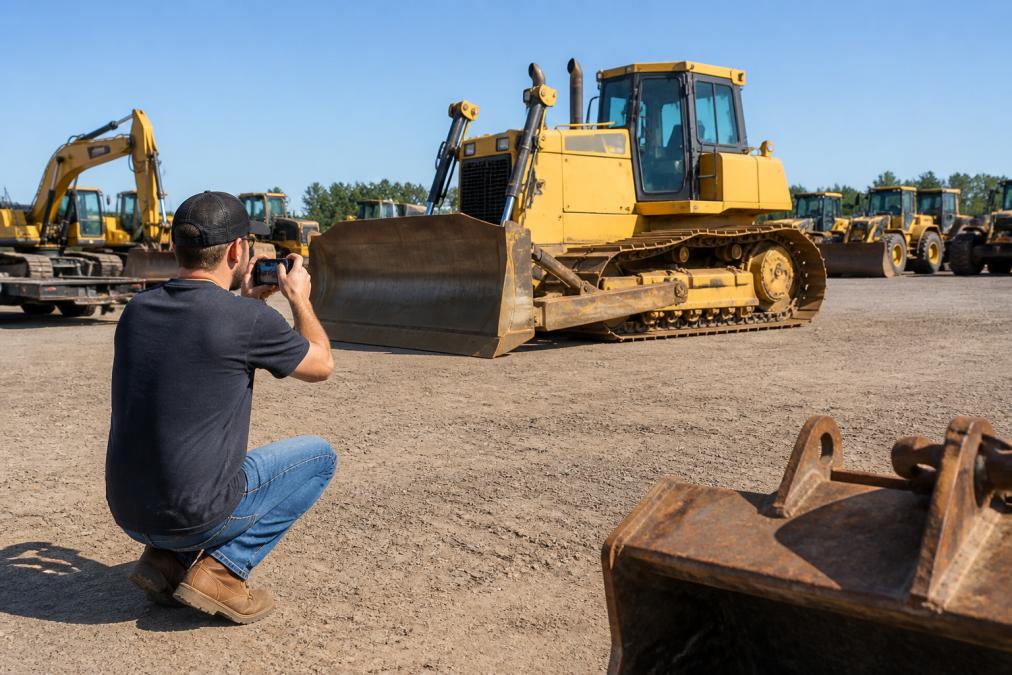 Equipment owner photographing a used bulldozer from multiple angles in daylight for online listing documentation
