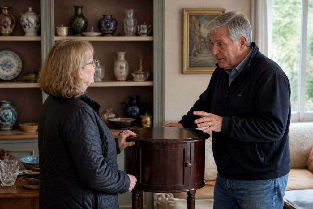Two people engaged in respectful conversation at an estate sale, examining a wooden side table together with calm body language and genuine interest, natural afternoon lighting