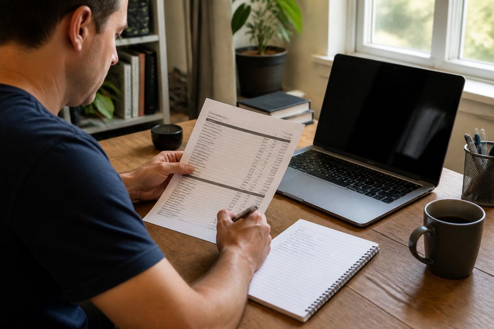 A vehicle owner sitting at a desk with a laptop, reviewing an itemized repair estimate and taking notes with a pen, with natural office lighting coming through a window