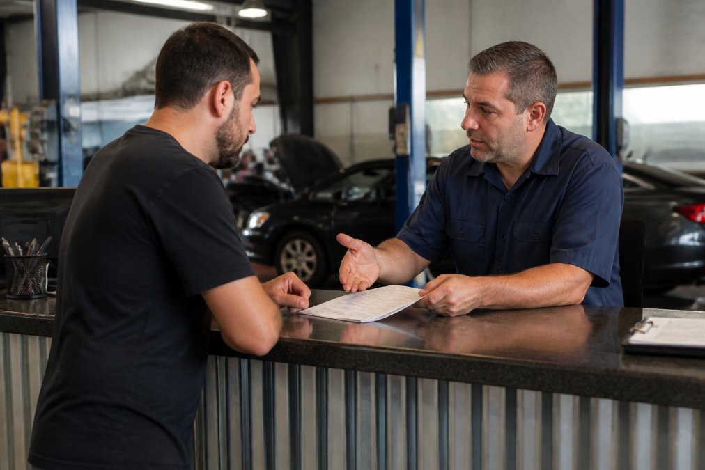 A customer speaking with a service advisor at an auto repair shop counter, discussing repair details with a printed estimate between them, in professional lighting