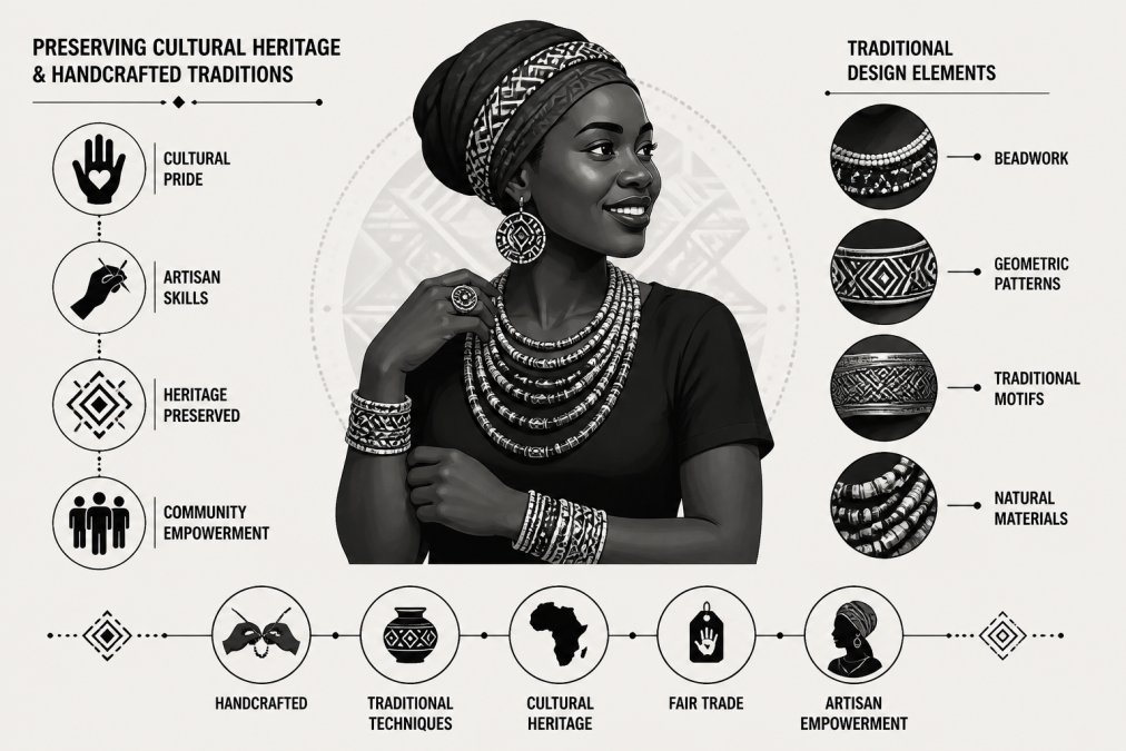 An artisan wearing and displaying handcrafted fair trade jewelry pieces with visible cultural patterns and traditional designs, showing authentic pride in their cultural heritage and skilled craftsmanship