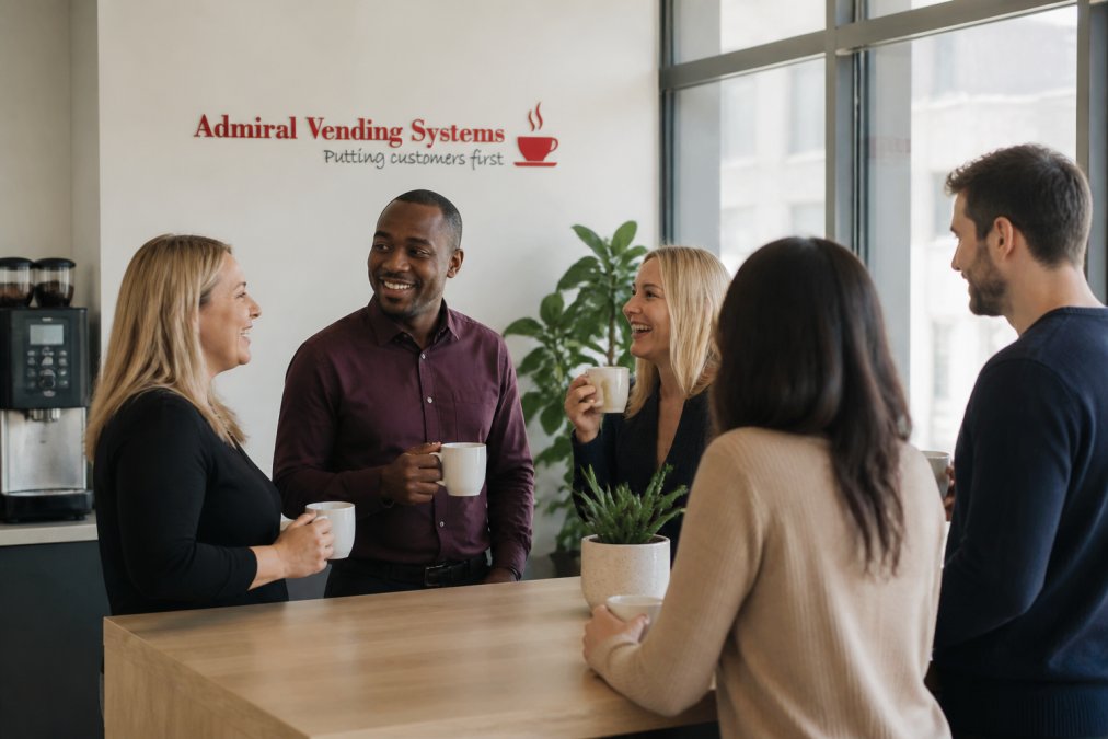 Office employees enjoying fresh coffee together at a communal break area, smiling and conversing, with natural light streaming through windows
