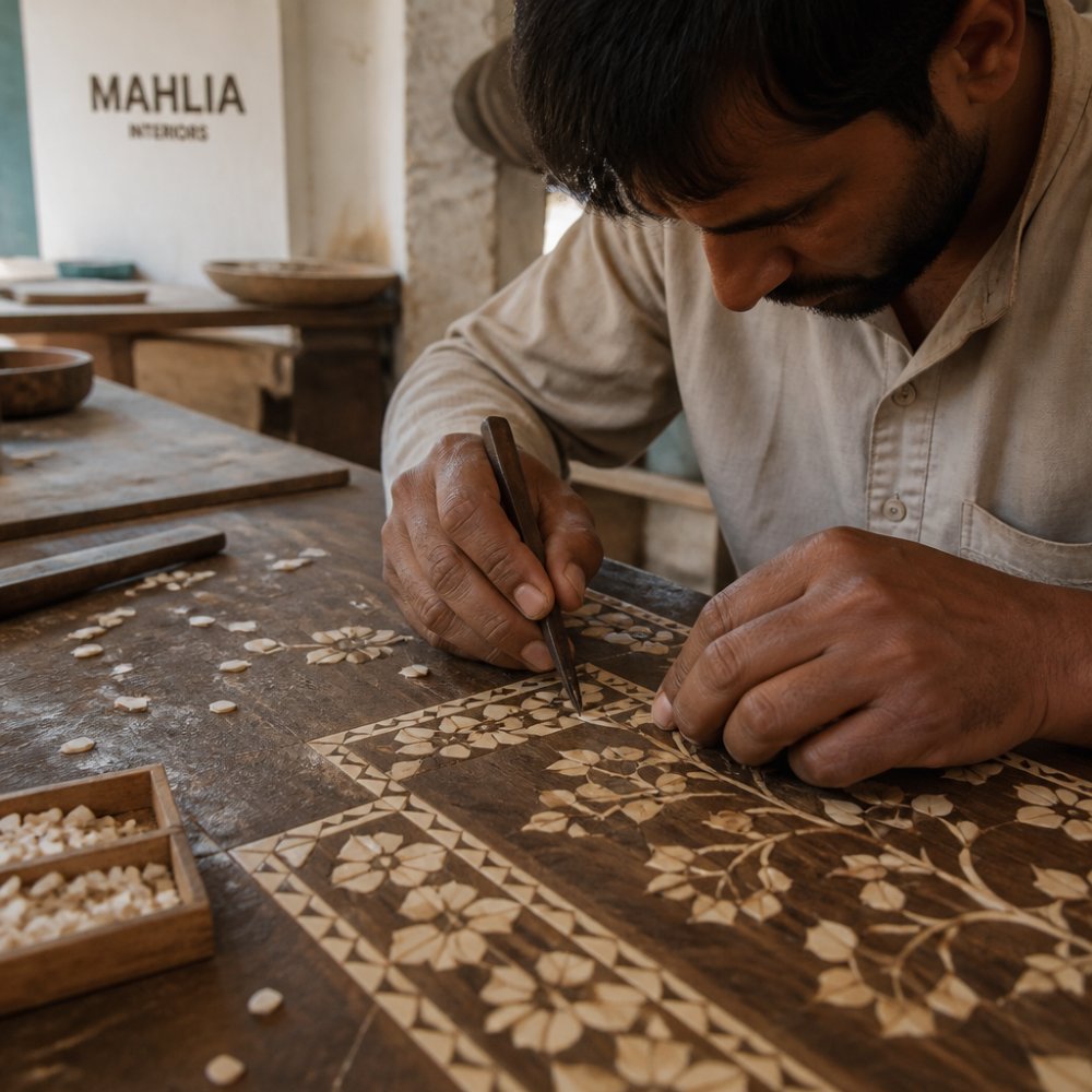Artisan using precision tools to inlay delicate bone patterns into a handcrafted wooden furniture surface