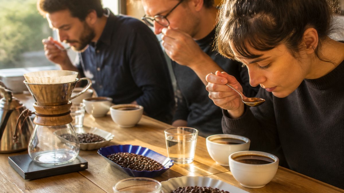 A close-up of a freshly brewed cup of medium roast coffee on a wooden table, with scattered whole coffee beans and a small pour-over dripper in soft natural light
