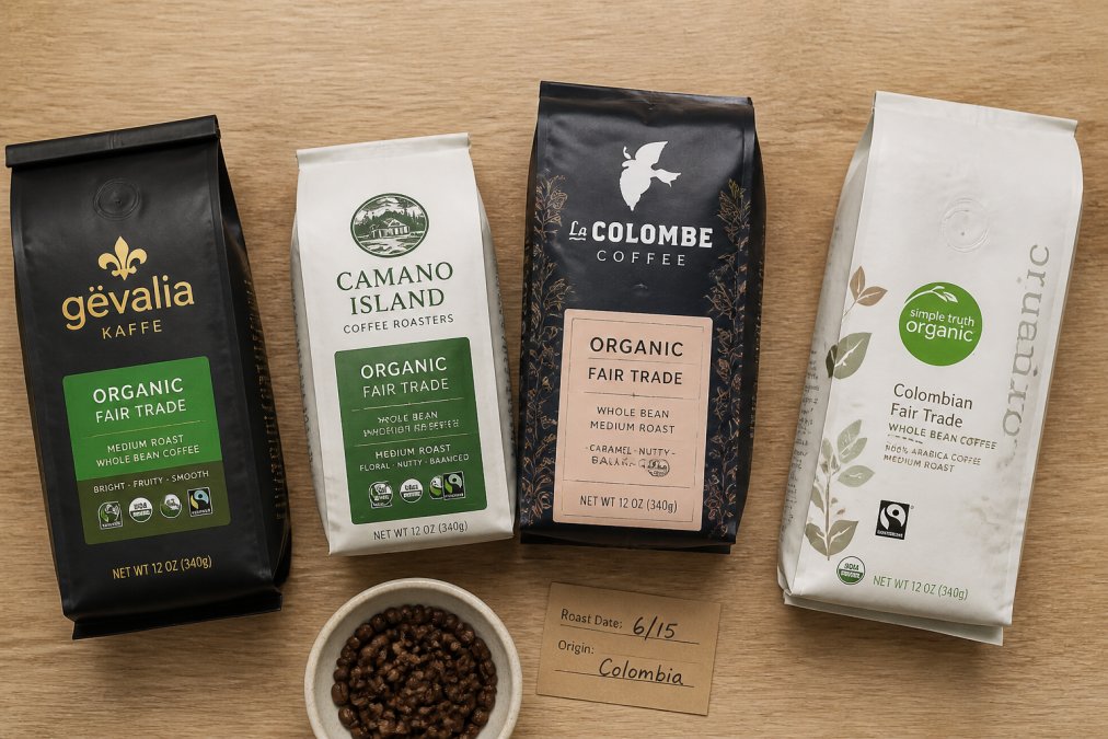 Overhead flat lay of several unopened bags of fair trade organic whole bean coffee arranged on a light wood countertop, with a small ceramic bowl of roasted beans and a handwritten roast date card beside them