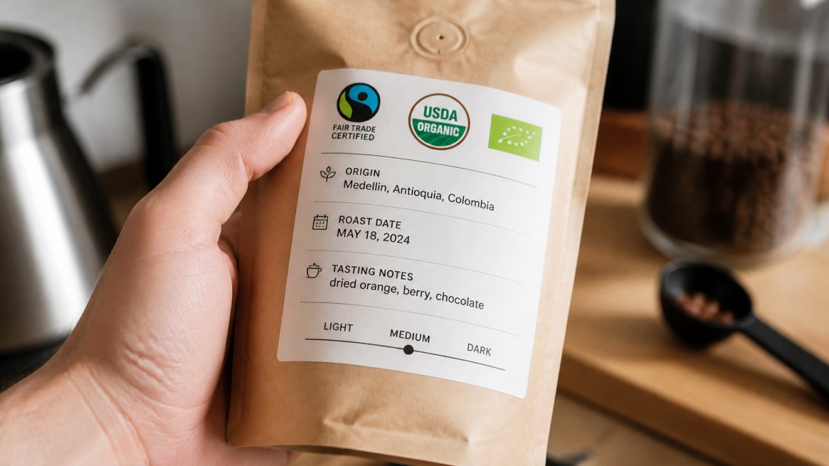 Infographic detailing coffee label certifications, origin region, roast date, and tasting notes on a package.