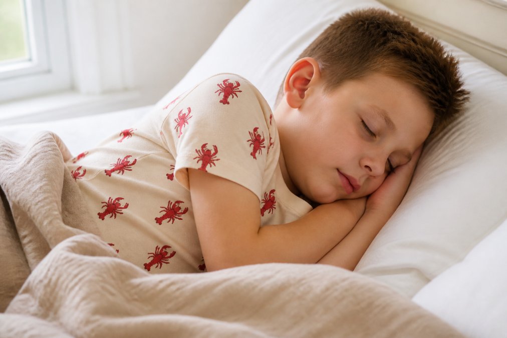 Child peacefully sleeping in soft organic cotton pajamas, close-up showing tag-less seams and smooth interior construction, gentle morning light through window