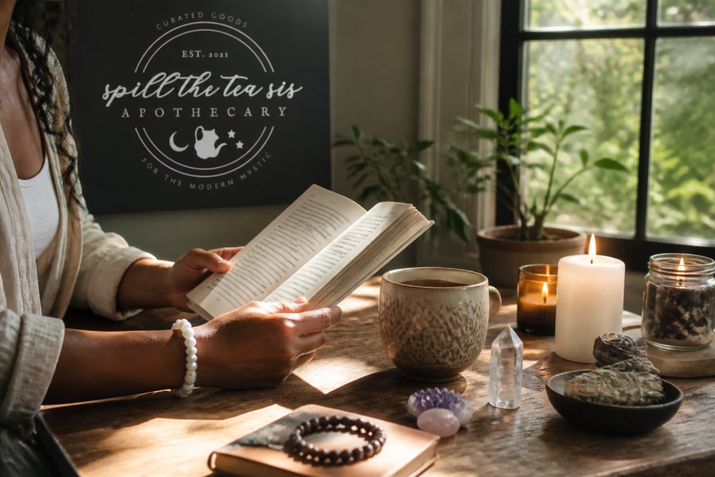 A person holding an open spiritual book with intention candles and crystals arranged on a wooden table, warm natural light streaming through a window