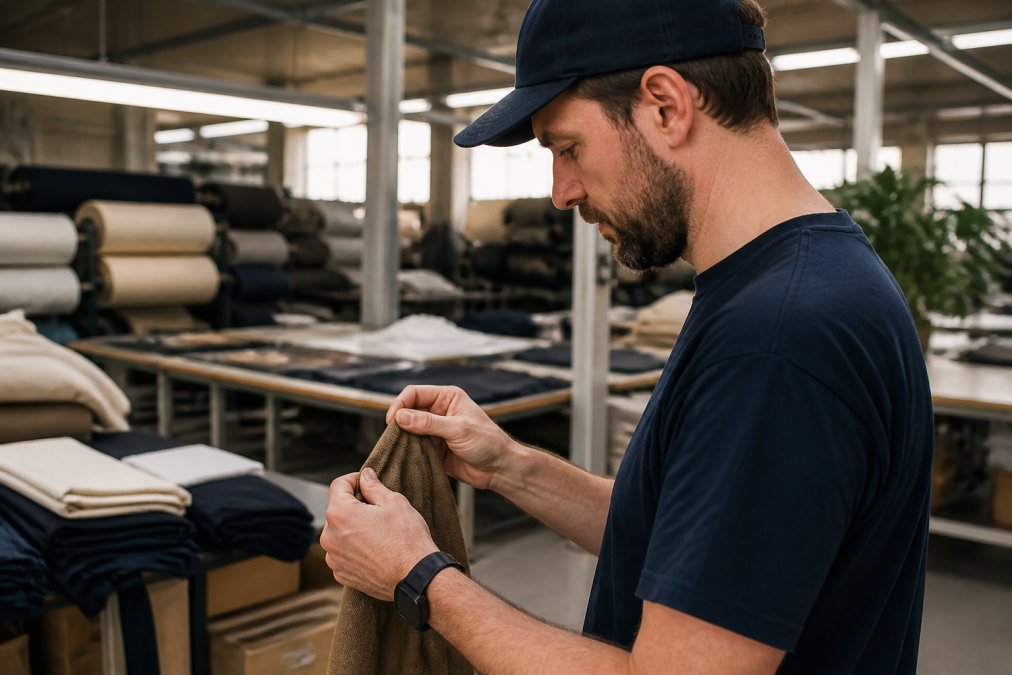 Alguien comprueba en un portátil la cadena de producción de prendas de streetwear de comercio justo para garantizar una transparencia total.