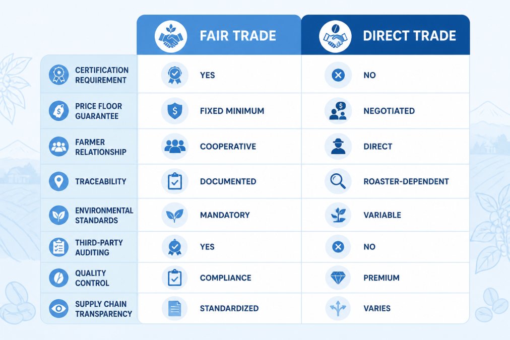 Comparison matrix showing Fair Trade vs Direct Trade across 8 dimensions: certification requirement (yes/no), price floor guarantee (fixed minimum/negotiated), farmer relationship (cooperative/direct), traceability (documented/roaster-dependent), environmental standards (mandatory/variable), third-party auditing (yes/no), quality control (compliance/premium), supply chain transparency (standardized/varies)