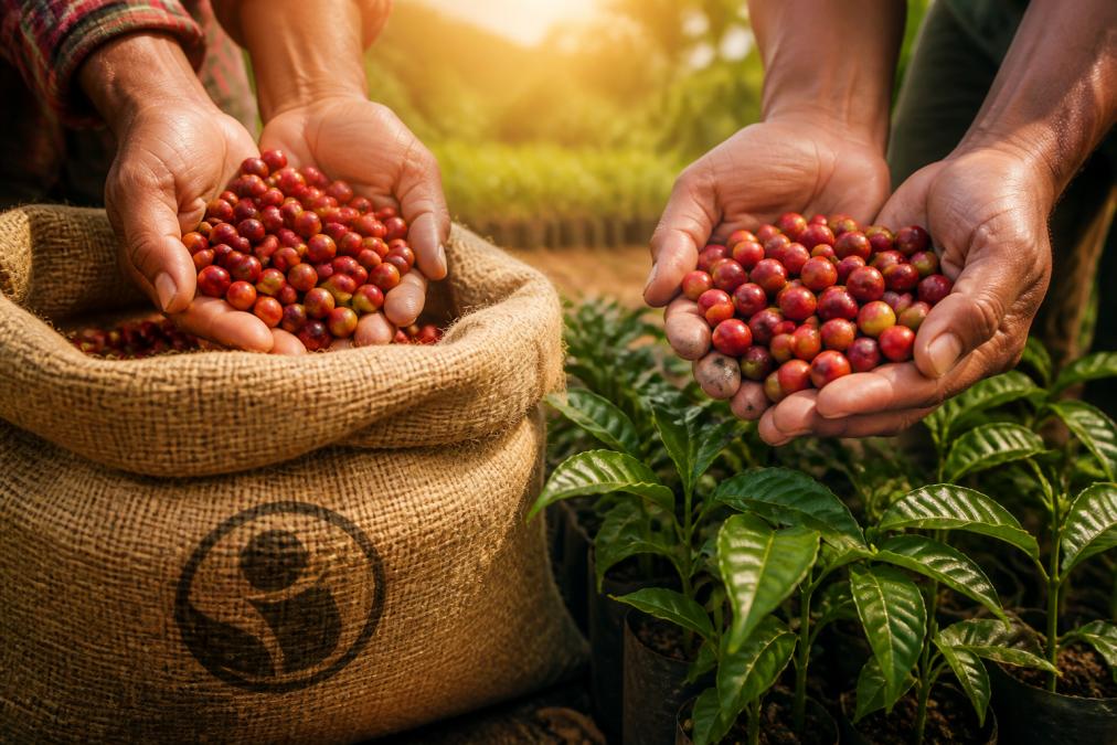 Two hands cupping fresh coffee cherries, one held over a burlap sack stamped with a certification mark and the other over a green coffee plant nursery, warm morning sunlight