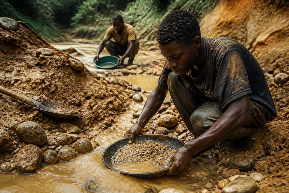 Artisan gold miners working in a small-scale mining operation, hands using traditional tools and gold panning equipment in a natural setting with earth and water visible