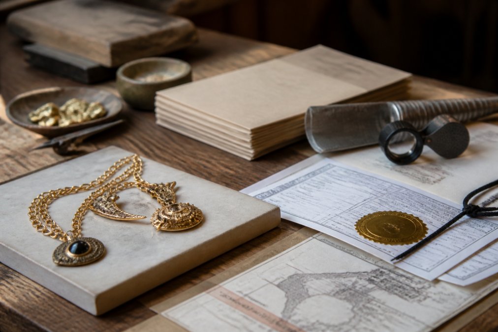 Close-up of handcrafted gold jewelry with certification documents and traceability records displayed alongside, emphasizing authenticity and chain of custody verification