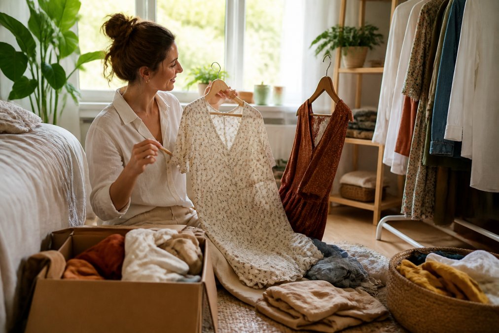Frau sortiert im natürlichen Licht ihre nachhaltige Sommergarderobe mit Baumwollkleid und Vintage-Stücken.