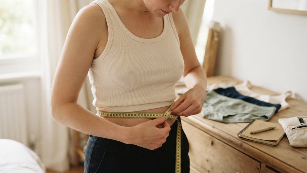 Nahaufnahme einer Person, die ein Maßband an ihre Taille anlegt, um die genaue Größe zu messen - zeigt praktische Größenermittlung für Unterwäsche