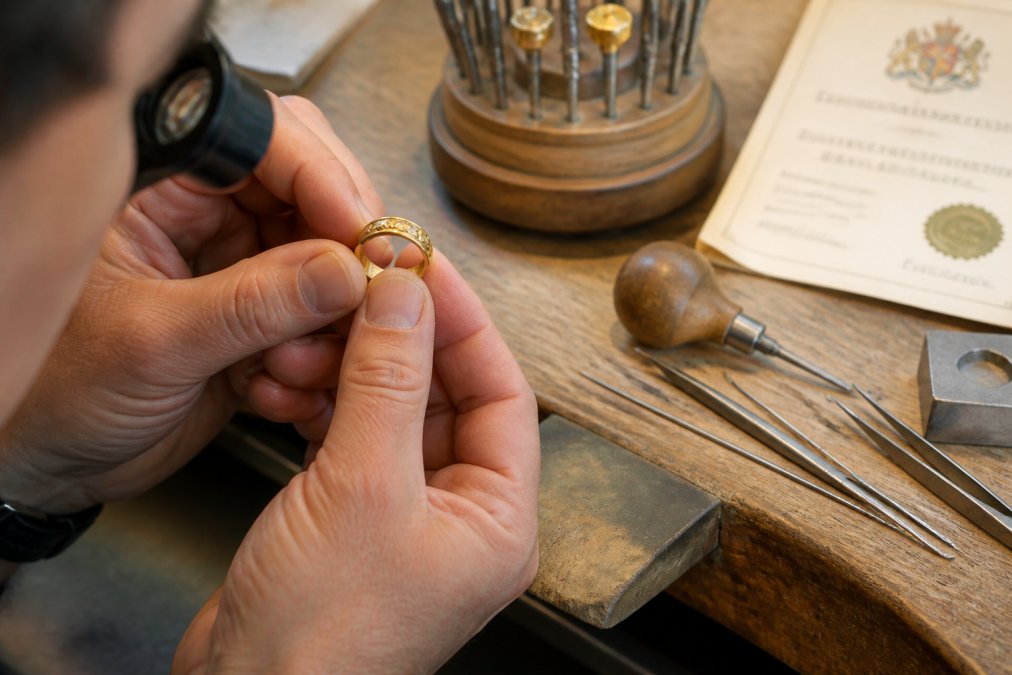 Jeweller examining a gold ring with a loupe near hallmarking tools and an assay certificate