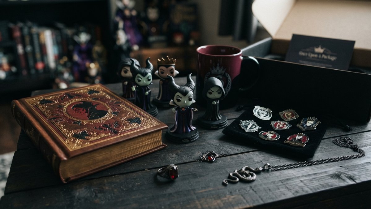 Close-up of villain-themed subscription box contents artfully arranged on dark surface, showing collectible figurines of dark characters, burgundy and black mugs, enamel pins with villain designs, leather-bound special edition book with embossed cover, and enchanted-themed jewelry pieces with moody, atmospheric lighting