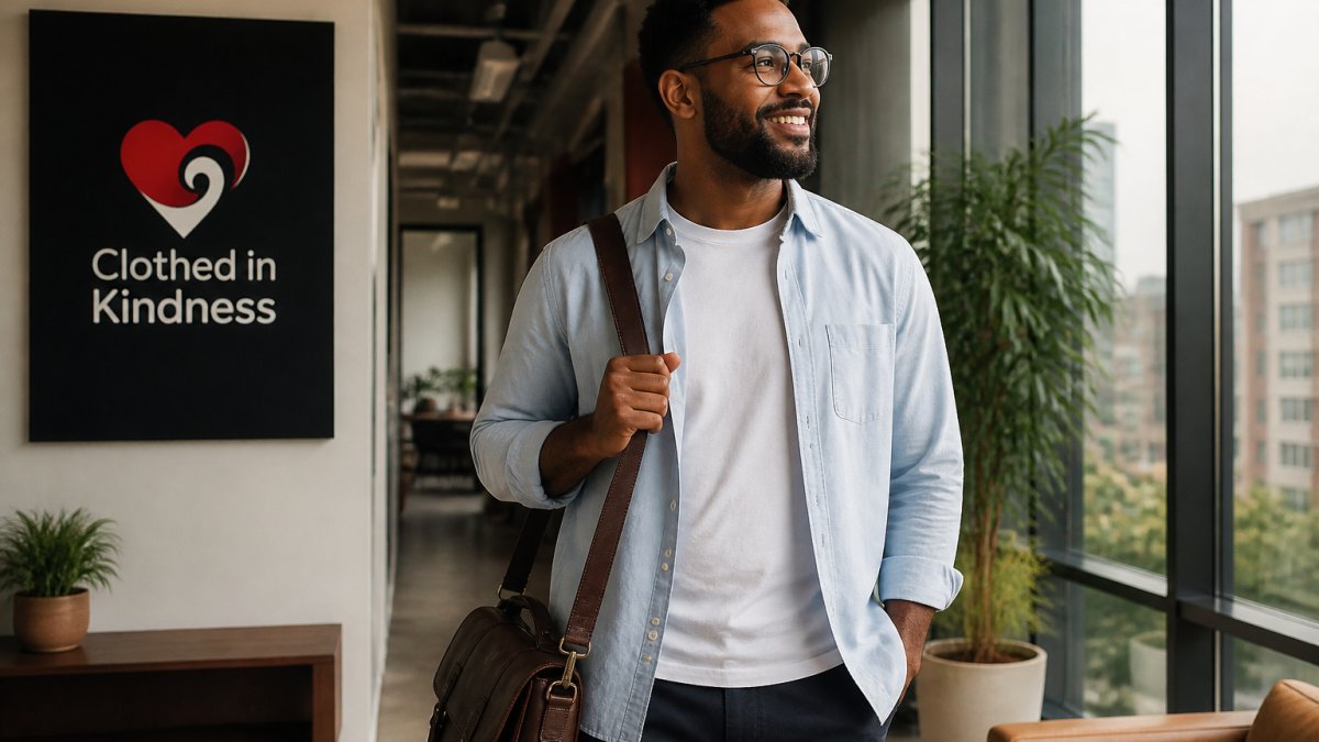 Person in a graphic tee and button-down shirt standing in a bright office hallway with a laptop bag