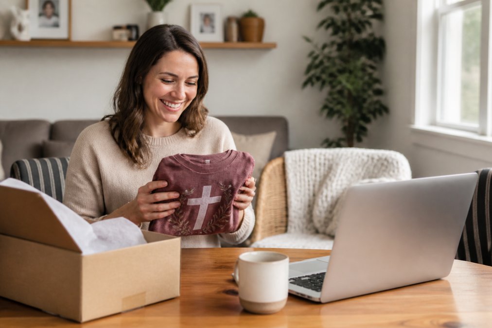 A woman in her thirties smiling while holding a neatly folded faith-based graphic tee, with a laptop open to an online store and a shipping box nearby on a bright wooden table