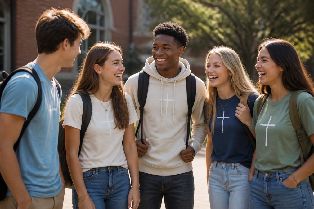 A group of diverse teenagers wearing casual faith-inspired graphic tees and hoodies, laughing and talking together on a sunny outdoor campus, conveying community and wholesome energy in natural afternoon light