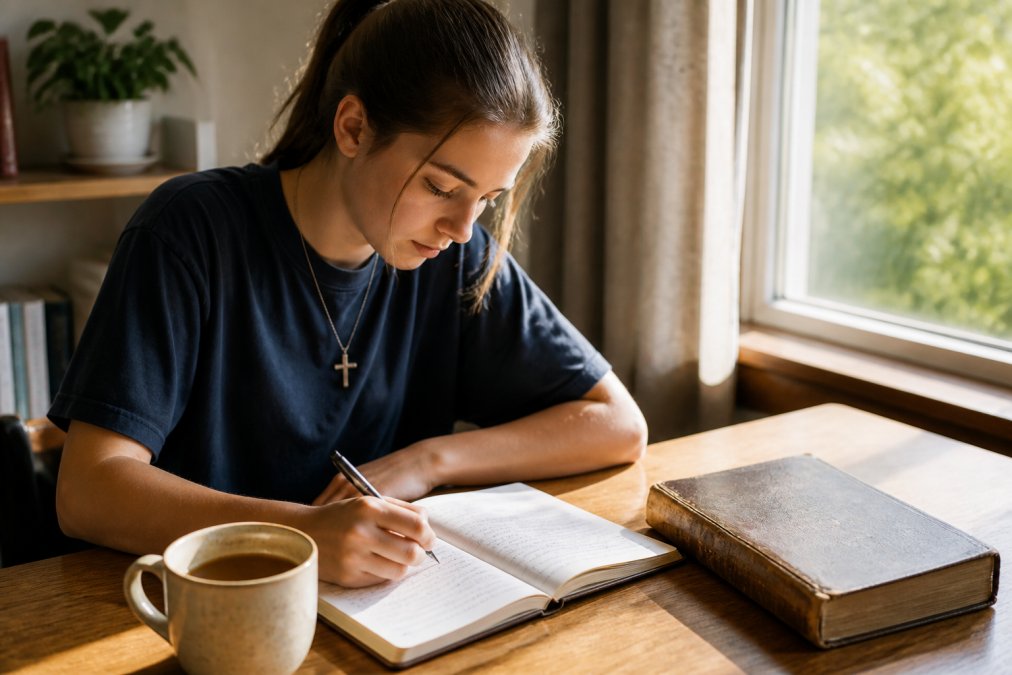 A teenager sitting at a wooden desk with an open prayer journal, a worn Bible, and a warm cup of tea nearby, writing thoughtfully in the journal in soft morning window light