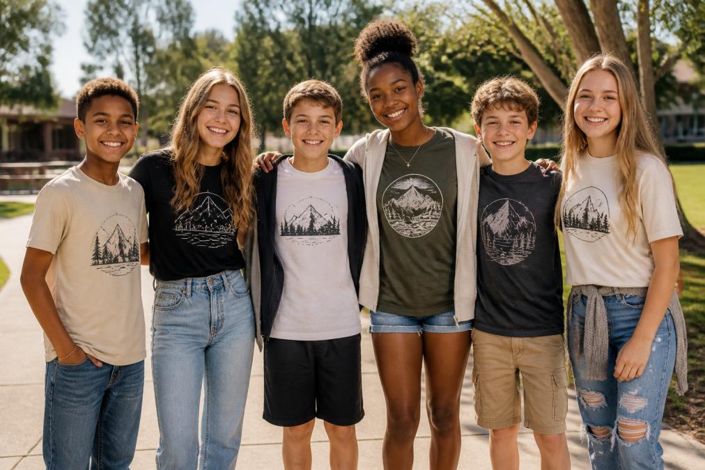 A group of children and teens wearing faith-based graphic tees in everyday settings, styled with jeans, shorts, and layering pieces, showing different combinations in casual outdoor and indoor environments with natural lighting