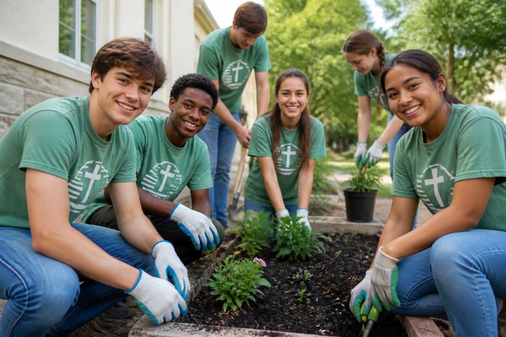 A youth group wearing matching faith-inspired graphic tees during a church community service event, showing unity and team spirit with diverse teens smiling and engaged in volunteer activity