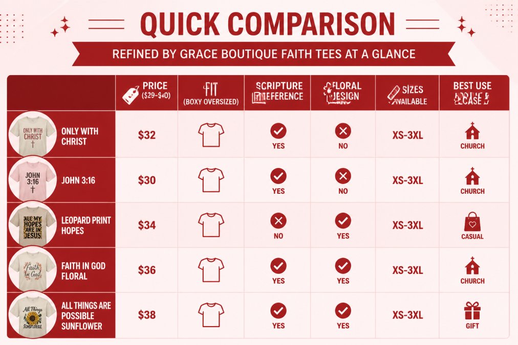 Feature comparison matrix for 5 faith tees: columns = Price ($29-$40), Fit (Boxy Oversized), Scripture Reference (Yes/No), Floral Design (Yes/No), Sizes Available (XS-3XL), Best Use Case (Church/Casual/Gift). Rows = Only With Christ, John 3:16, Leopard Print Hopes, Faith In God Floral, All Things Are Possible Sunflower