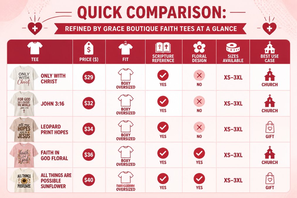 Visual comparison chart showing Feature, Price, Fit, Boxy Oversized for faith based graphic tees