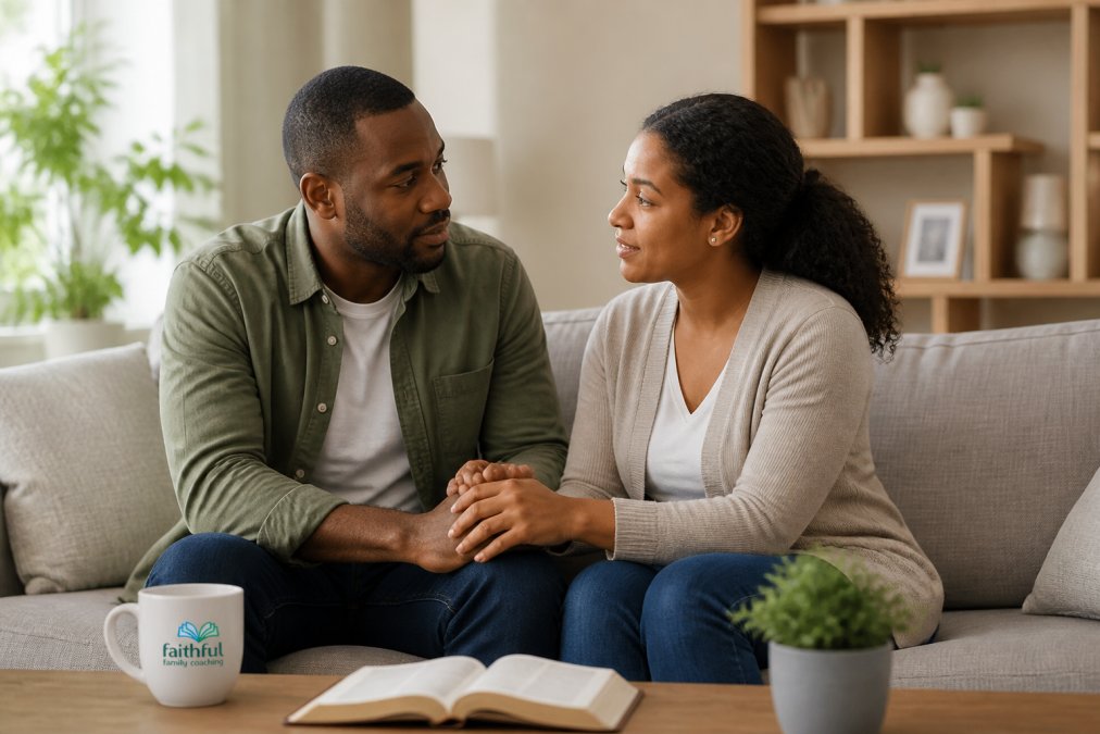 A couple sitting together on a couch in soft natural light, holding hands while having a calm, intentional conversation with peaceful expressions and an open Bible nearby