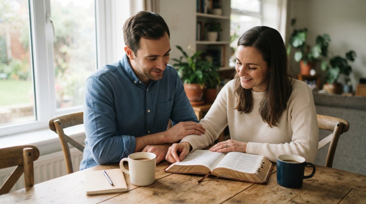 A couple reading scripture together at a wooden table with an open Bible, coffee cups, and warm morning natural lighting streaming through a window suggesting intimate devotion time