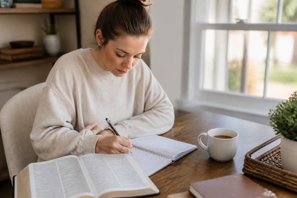 Christian mom sitting at a desk with an open prayer journal, Bible, and hot coffee, writing in a faith-based habit tracker with natural morning light streaming through the window
