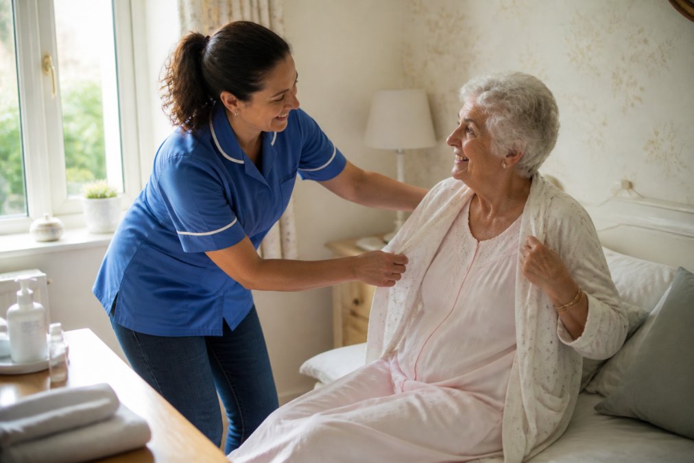 A care assistant helping an older adult with personal care in a warm, comfortable home setting, with natural daylight streaming through windows, both figures showing respectful interaction and trust