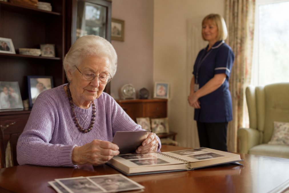 An older adult engaged in a meaningful activity in their home environment, perhaps reading, looking at photographs, or sitting by a window, with a care worker present in the background, offering quiet, respectful support without hovering