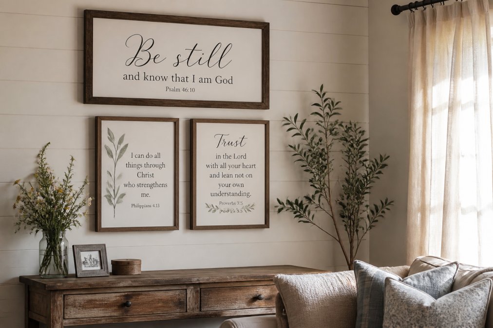 A bright farmhouse living room wall featuring framed scripture verse prints and a wooden sign with an uplifting message, styled above a rustic console table with a small vase of wildflowers and warm afternoon light coming through sheer curtains