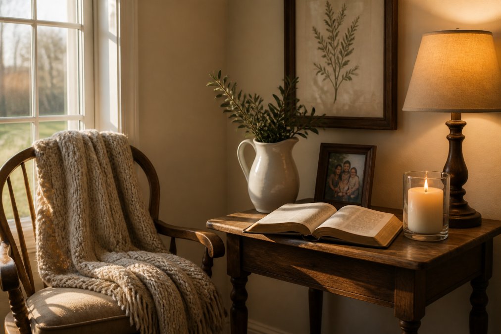 A cozy corner of a family home set up as a devotional space with a small wooden table, an open Bible, a lit prayer candle, a framed verse print on the wall, and a soft woven blanket draped over a nearby chair, lit by warm lamplight in the early morning