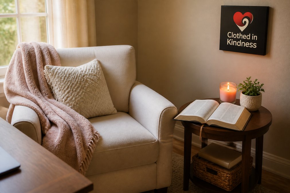 A cozy corner of a home office with a comfortable armchair, a small side table holding an open Bible, a lit candle, and a soft throw blanket, with warm natural light coming through a nearby window