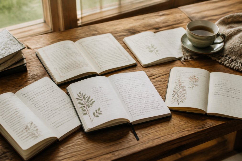 A flat-lay photograph of several open journals on a wooden desk, showing different layouts with handwritten notes, a cup of tea, and soft natural light from a nearby window