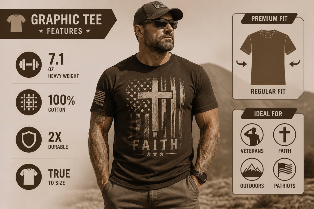 Veteran wearing heavy-weight patriotic graphic tee with cross and flag design in outdoor setting, natural sunlight showing fabric quality and fit