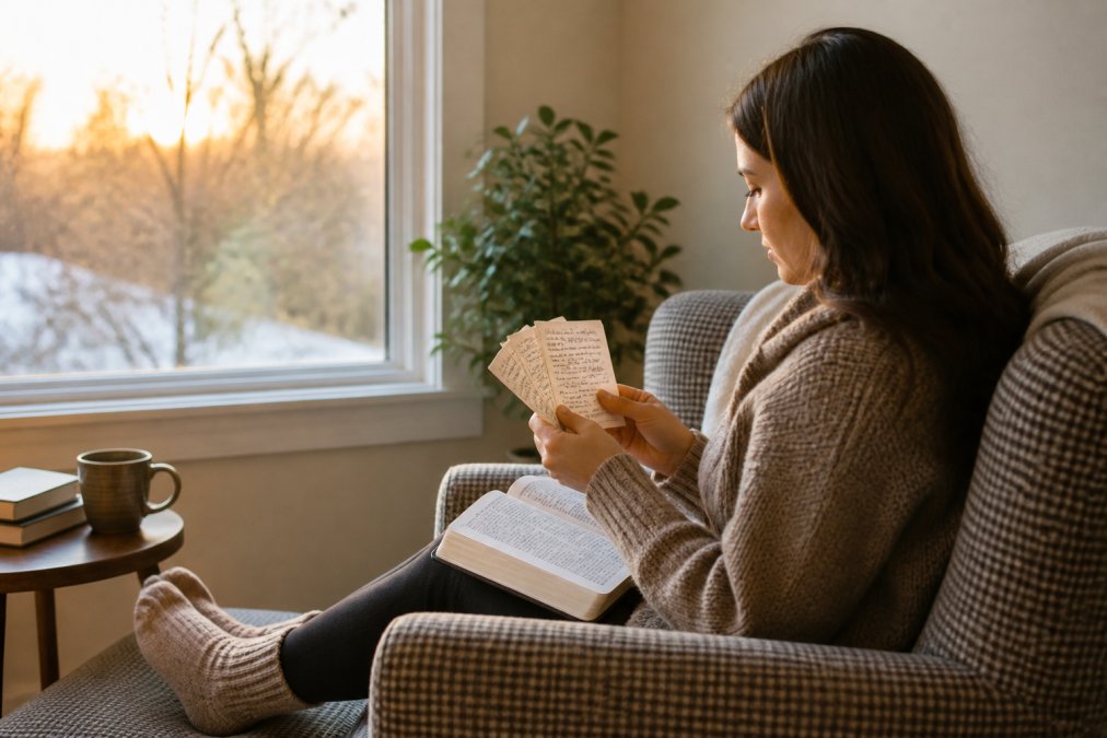 Woman reading scripture cards as faith based tools for anxiety relief while sitting in a sunlit chair