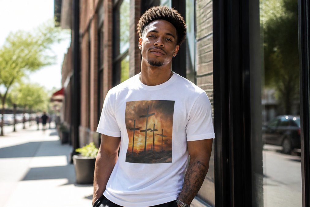 A young adult wearing a graphic faith-based t-shirt in a casual outdoor urban setting, looking approachable and confident, natural daylight