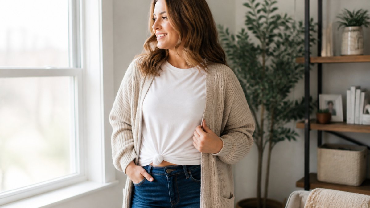 Woman wearing a faith-inspired graphic tee layered with a neutral cardigan and fitted jeans, standing in bright natural light near a window, smiling confidently while expressing her faith through layered fashion