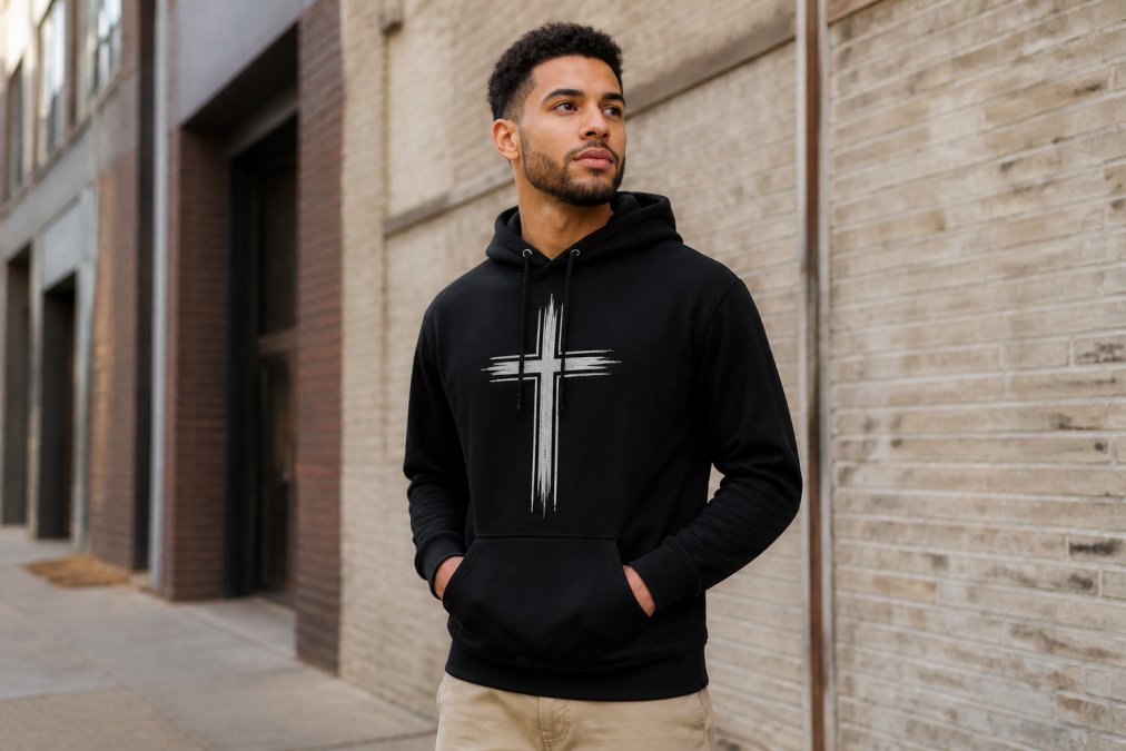 A young man in his mid-twenties wearing a bold graphic hoodie with a cross design, standing confidently on an urban street, casual streetwear aesthetic, natural daylight, neutral brick wall background