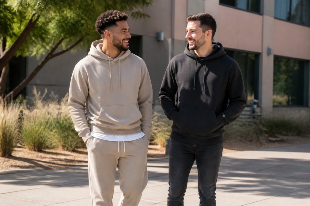 Two friends in their late twenties wearing faith-inspired hoodies in different styled outfits, one layered over joggers for casual wear, one paired with dark jeans for a cleaner look, standing together outdoors on a sunny afternoon