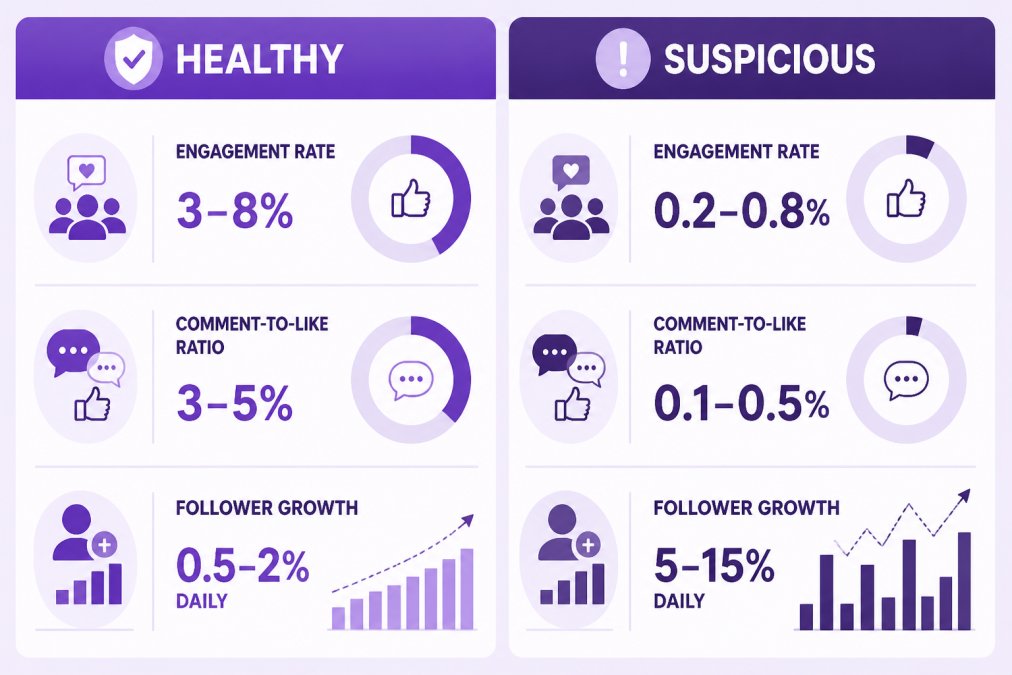 Data visualization showing healthy vs suspicious engagement metrics: healthy engagement rate 3-8%, suspicious 0.2-0.8%; healthy comment-to-like ratio 3-5%, suspicious 0.1-0.5%; healthy follower growth 0.5-2% daily, suspicious 5-15% daily spikes