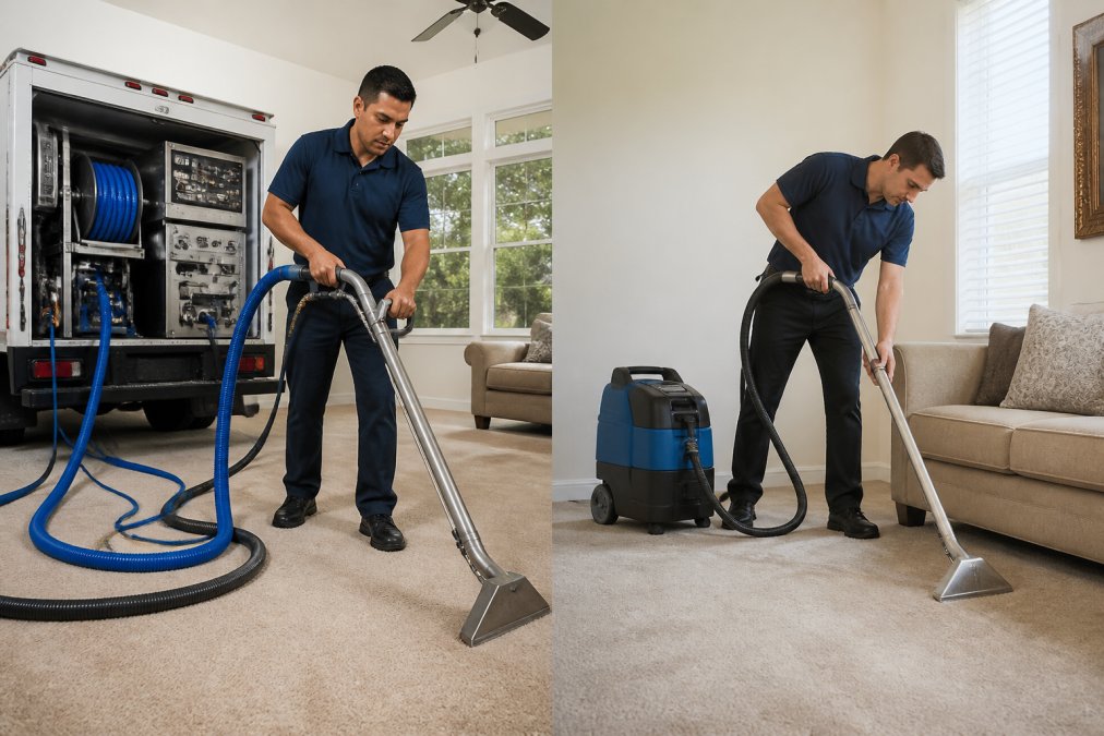 Professional carpet cleaning technician operating a truck-mounted steam cleaning system with visible water extraction hose and equipment, working on residential carpet in a living room with natural light from windows