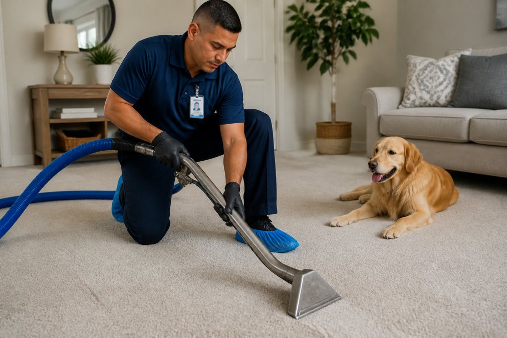 Uniformed, certified carpet cleaning technician wearing credentials badge, safely operating equipment in a home environment with a dog nearby, demonstrating professional pet-safe practices with proper protective gear